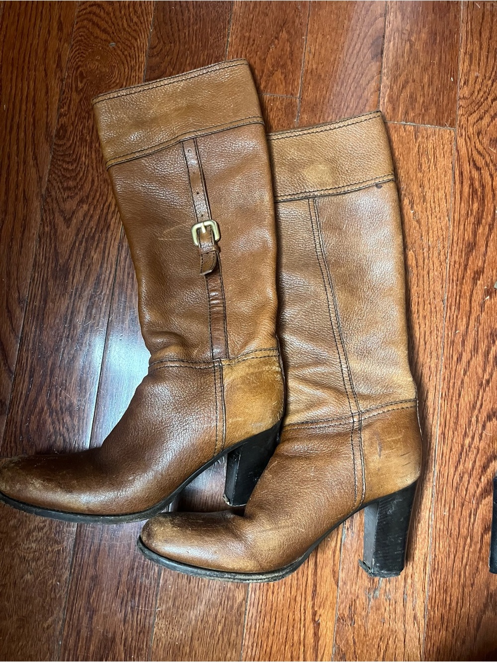 Prada Tan Brown Leather Mid-Calf Heeled Boots
